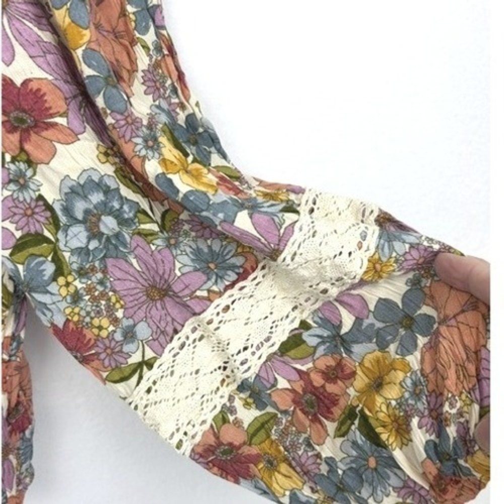 Angie Floral Crochet Trim Crop Top Long Sleeve Boho Blouse Multicolor Size L - Picture 6 of 9